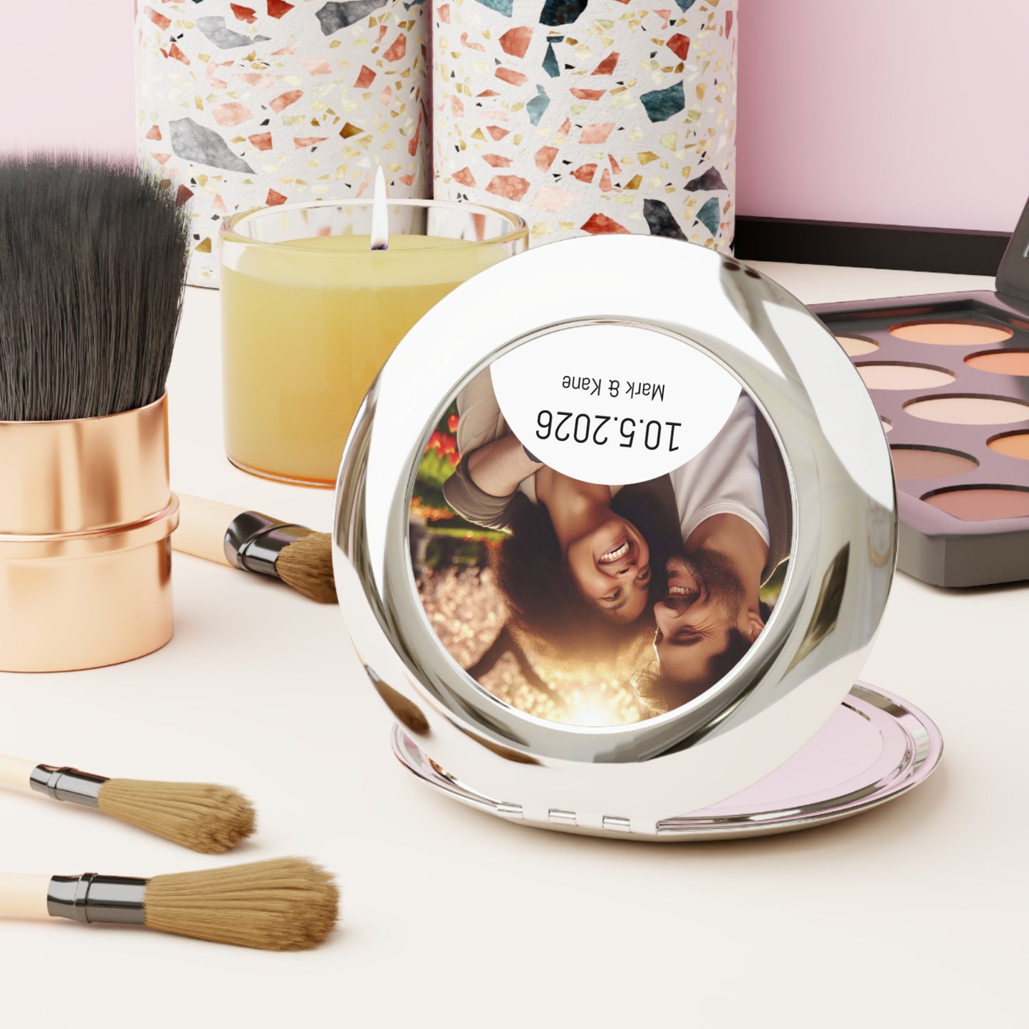 Personalized Compact Travel Mirror — Custom Photo & Date (Wedding/Anniversary Favor)