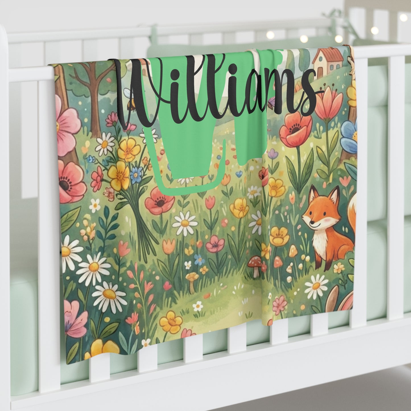 Personalized Woodland Floral Swaddle Blanket — Custom Name "Williams"