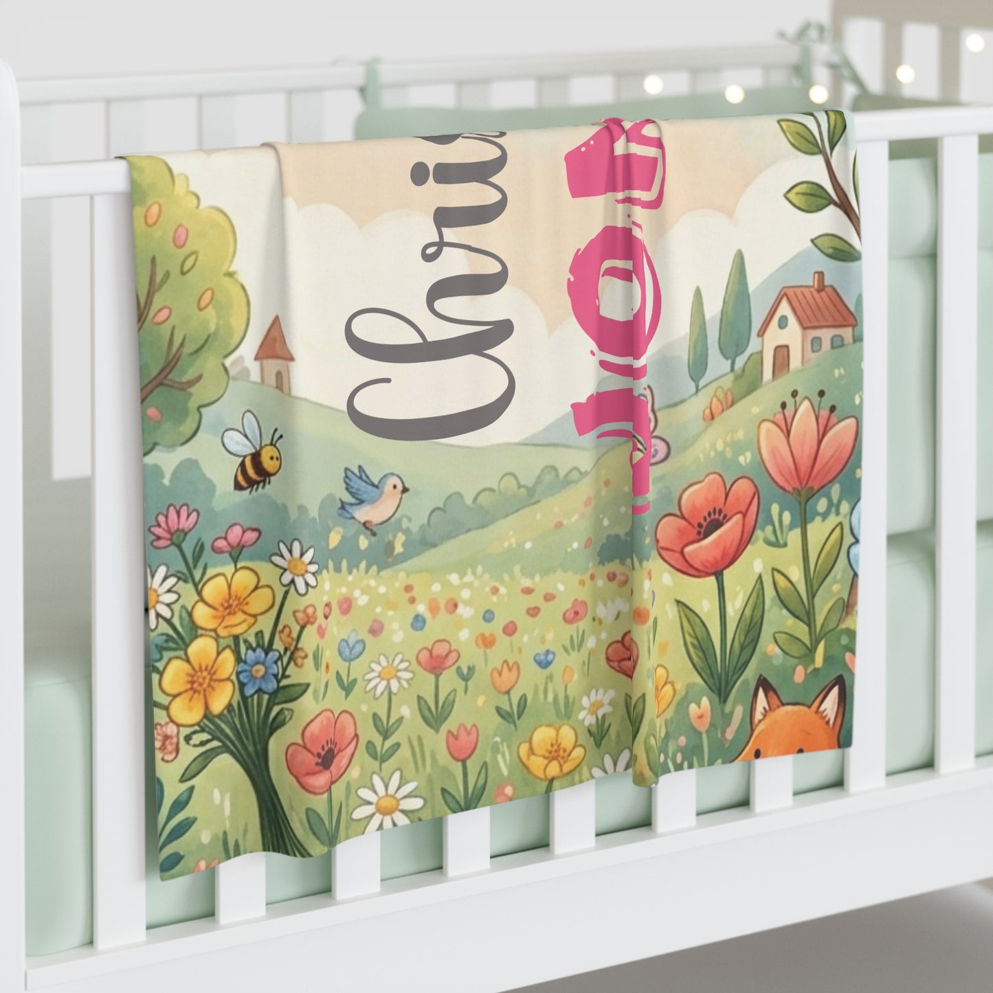 Personalized Baby Swaddle Blanket — Floral Meadow Name Swaddle (e.g., Christine Jones)