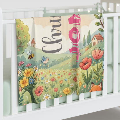 Personalized Baby Swaddle Blanket — Floral Meadow Name Swaddle (e.g., Christine Jones)